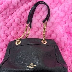 Coach Black Leather Shoulder Bag with Gold Chain